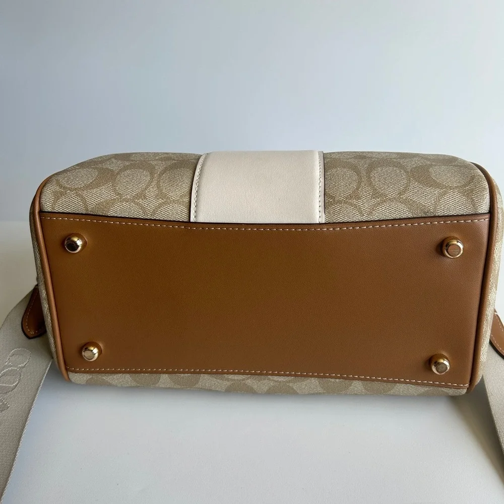 Coach Rowan Satchel Light Khaki Chalk Stripe Signature Canvas CR122